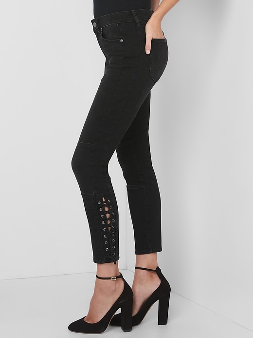 Image number 1 showing, Mid Rise True Skinny Ankle Jeans with Lace-Up Detail
