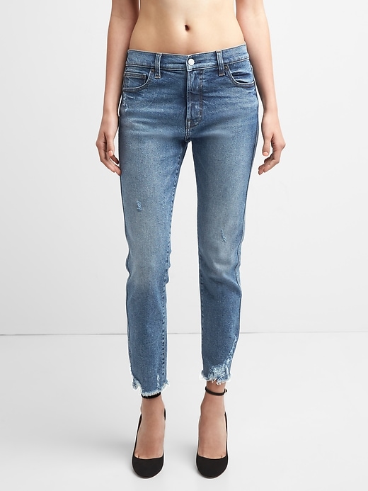 Image number 7 showing, High Rise Slim Straight Jeans with Distressed Detail