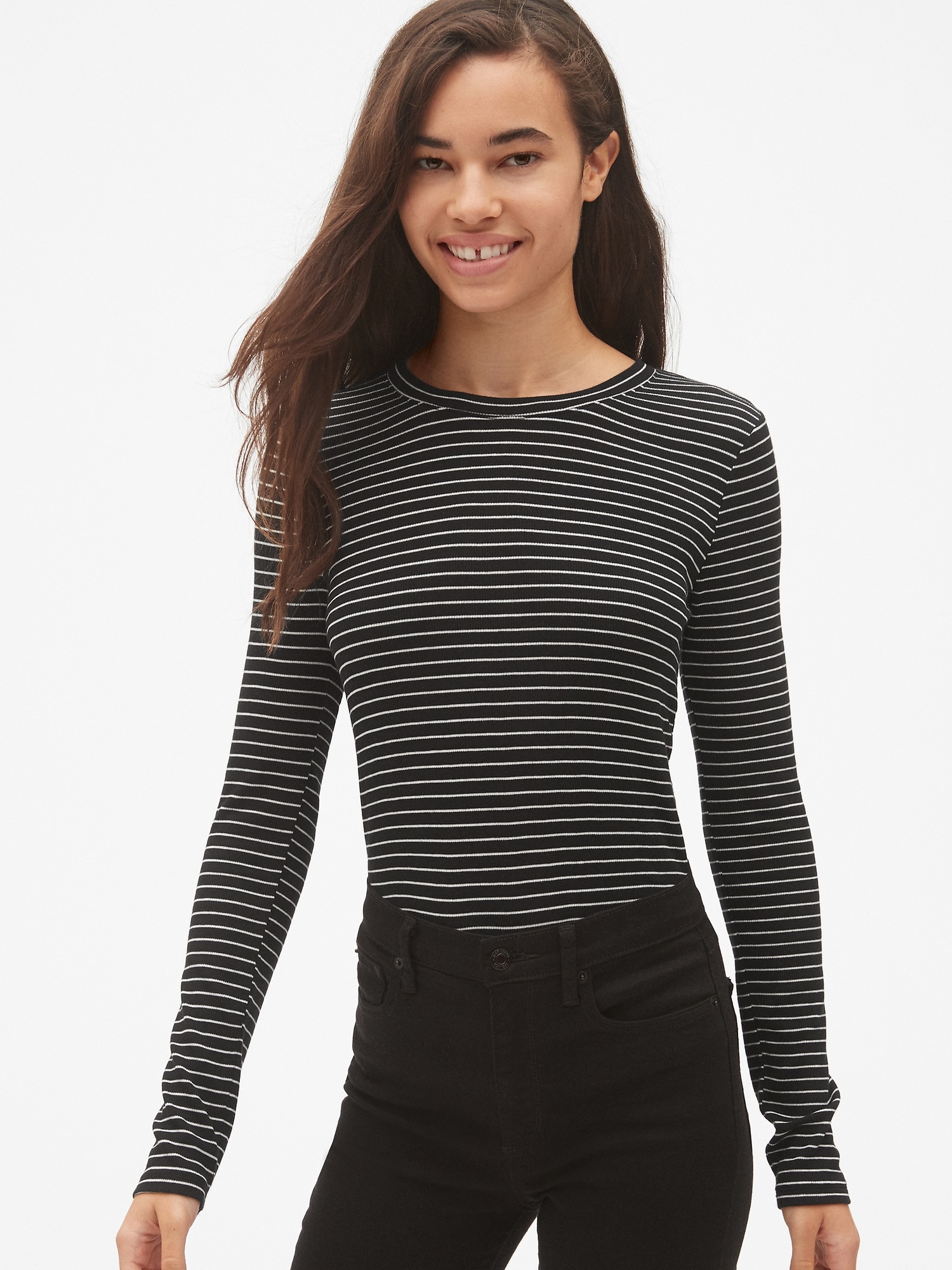 Ribbed Long Sleeve Stripe Crewneck T Shirt In Modal Gap