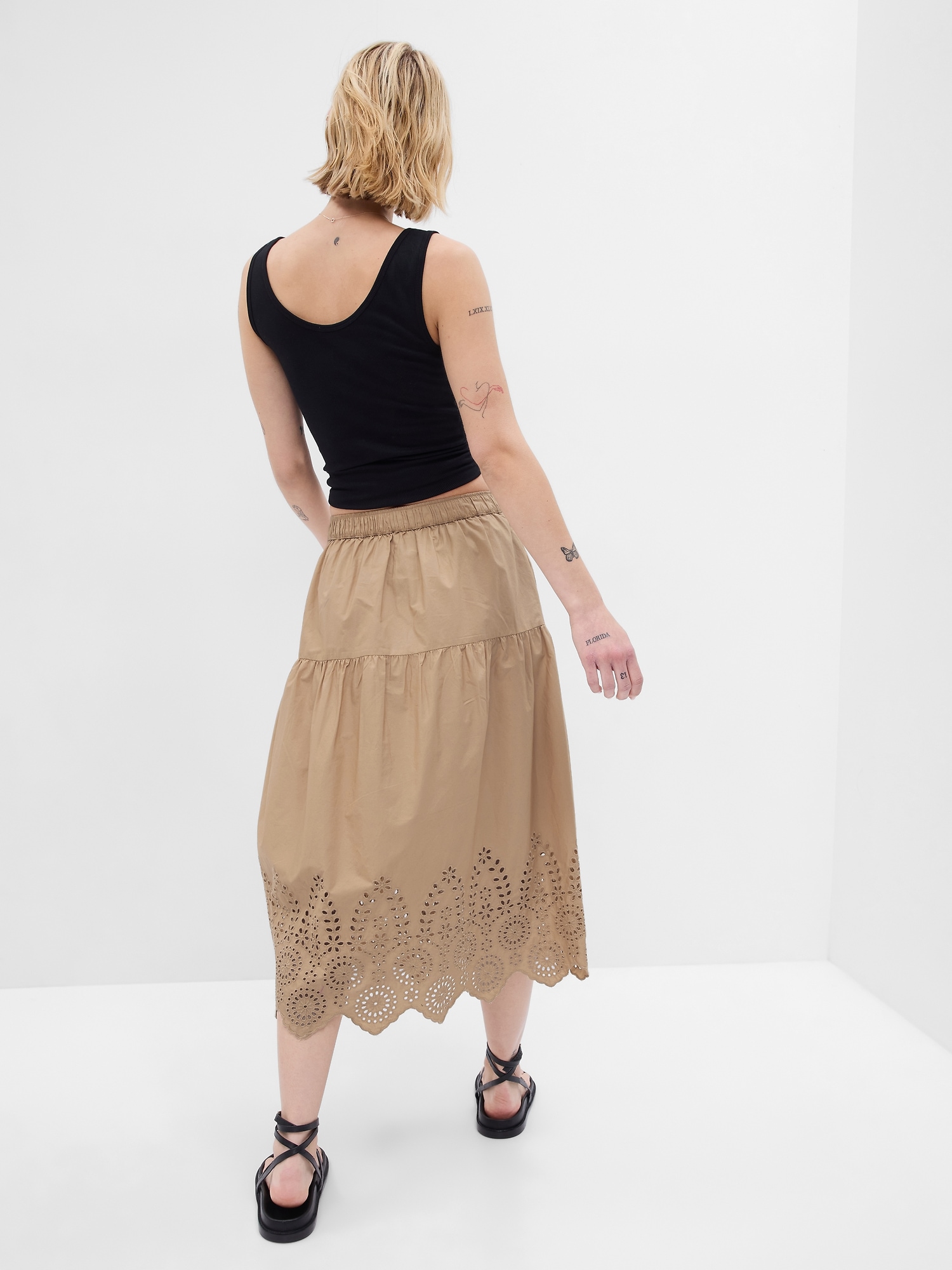 Tiered Eyelet Midi Skirt Gap