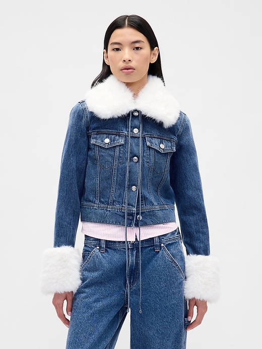Image number 1 showing, Gap × Sandy Liang Vegan Fur Crop Denim Jacket