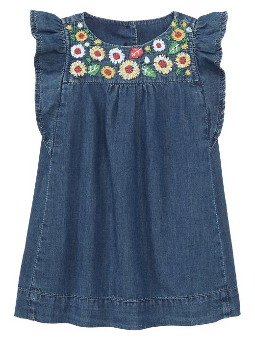 View large product image 1 of 1. Embroidered denim flutter dress