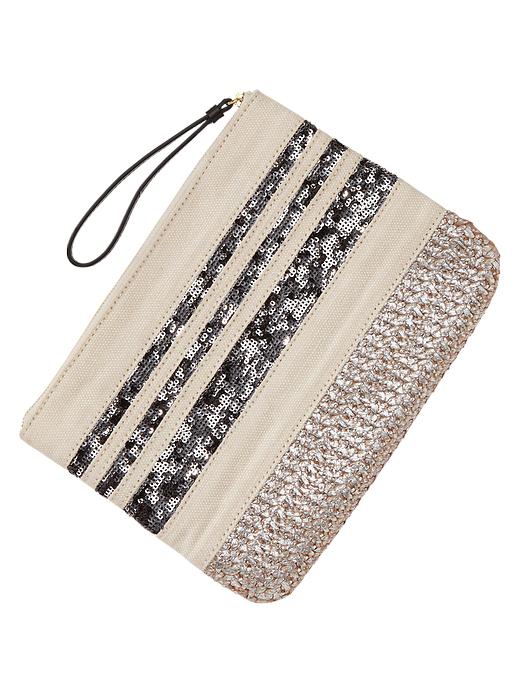 View large product image 1 of 1. Sequin stripe zip clutch