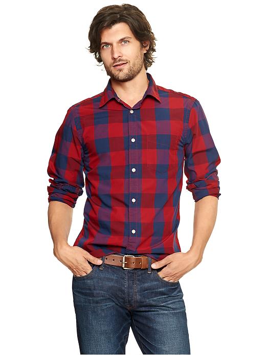 View large product image 1 of 1. Lived-in wash large checkered poplin shirt