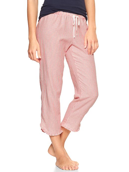 View large product image 1 of 1. Candy stripe flannel ruffle capris
