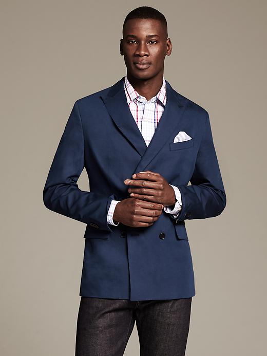 Double breasted navy sport coat in a casual fabric with a 4x2 or 6x2 ...