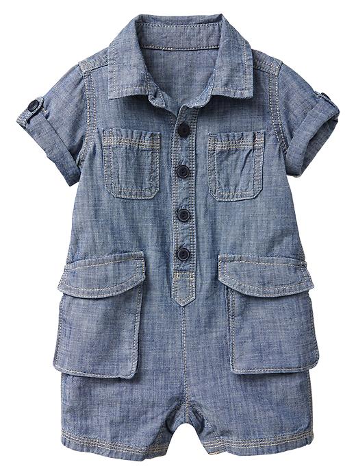 View large product image 1 of 1. Chambray cargo one-piece