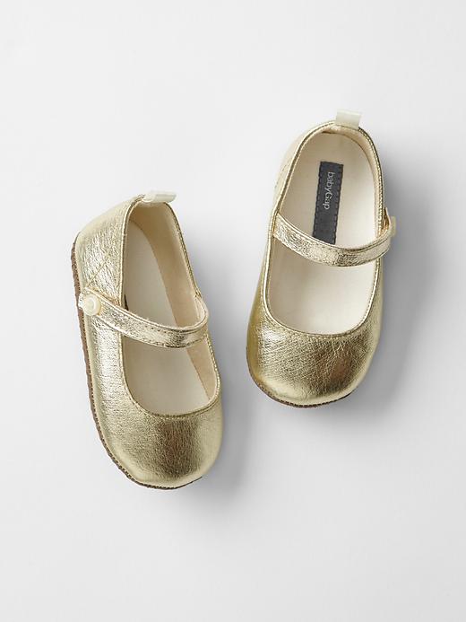 View large product image 1 of 1. Gold leather mary jane flats