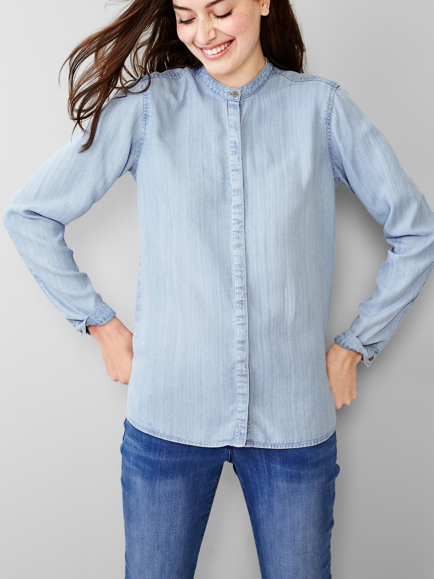 Collarless denim outlet shirt womens