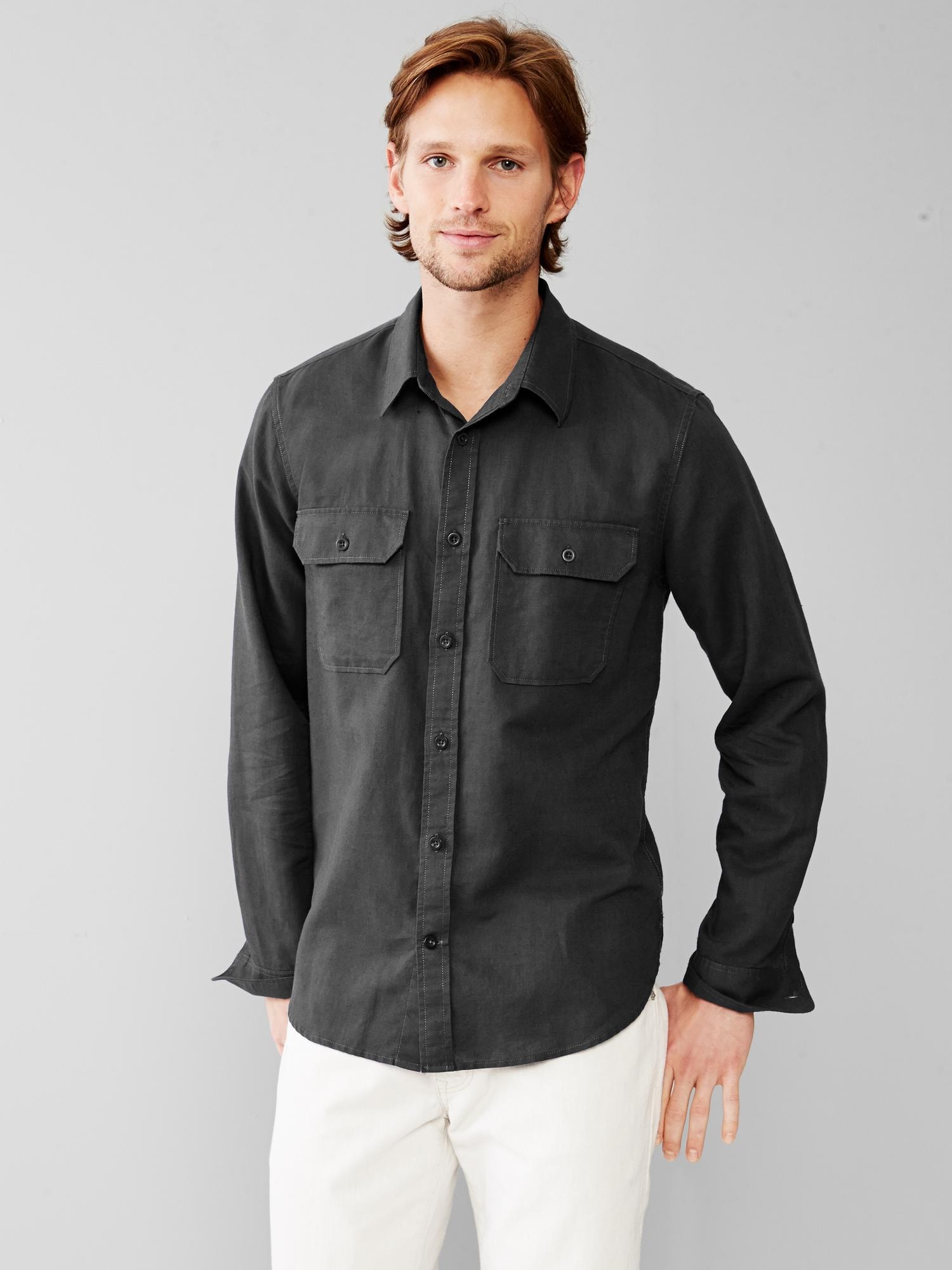 Linen-cotton two-pocket shirt