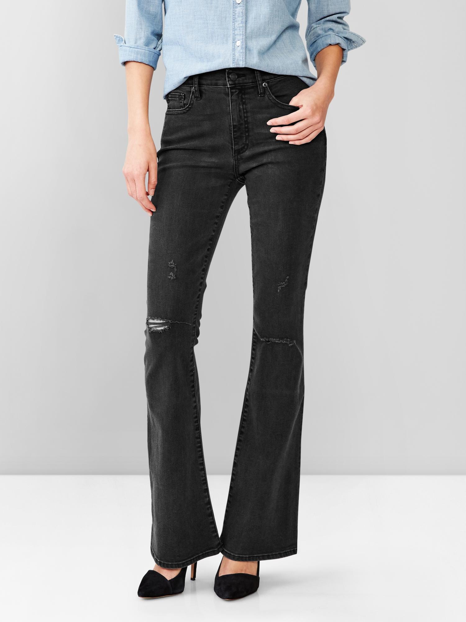 1969 resolution destructed black skinny flare jeans