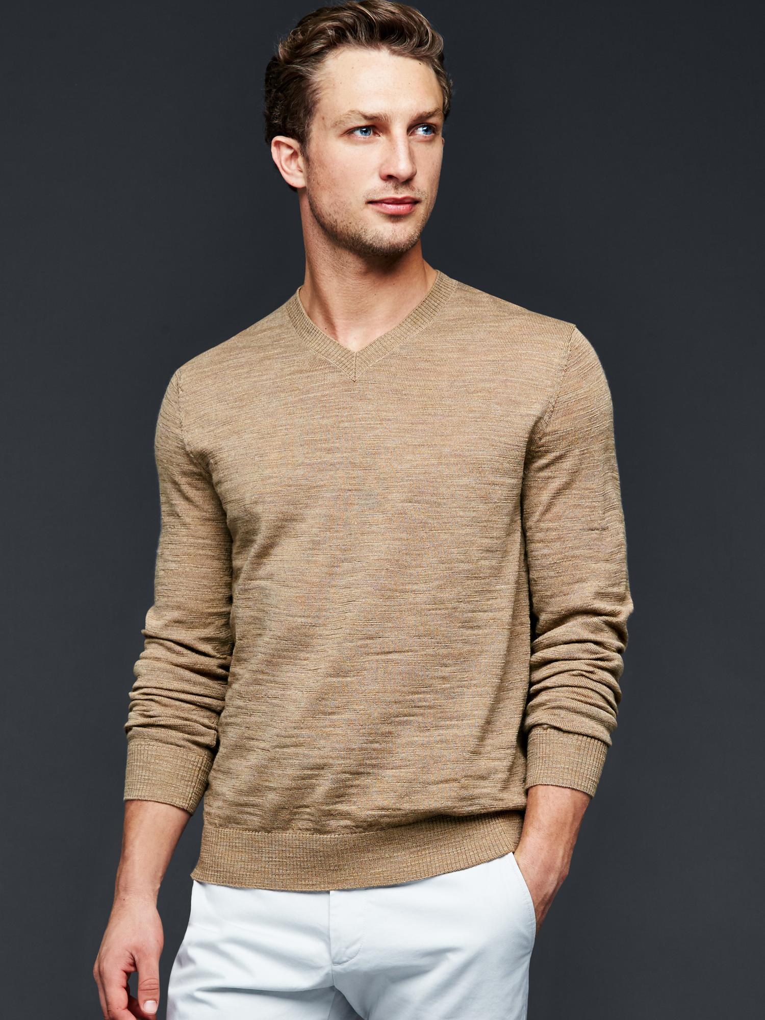 Beige Slim Fit V-Neck Sweater for Men by