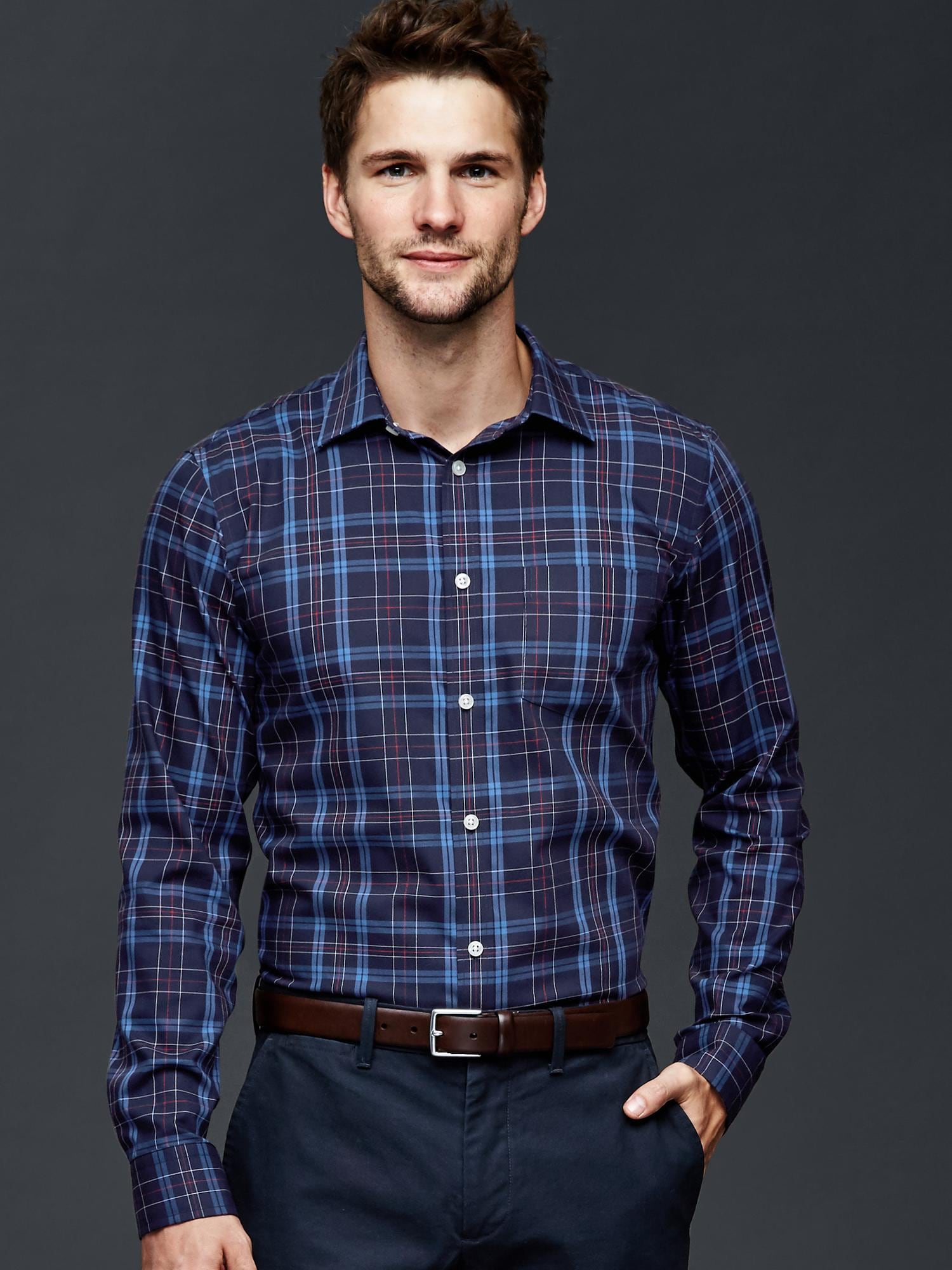 Wrinkle-resistant henry plaid shirt (slim fit)