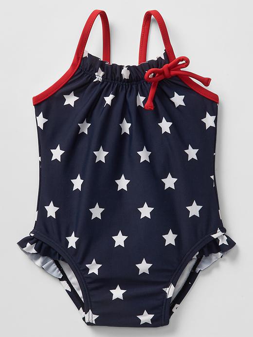 View large product image 1 of 3. Starry ruffle-trim swim one-piece