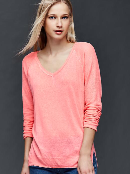 View large product image 1 of 1. Linen blend V-neck sweater