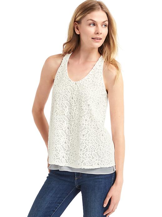 View large product image 1 of 1. Crochet lace scoop tank