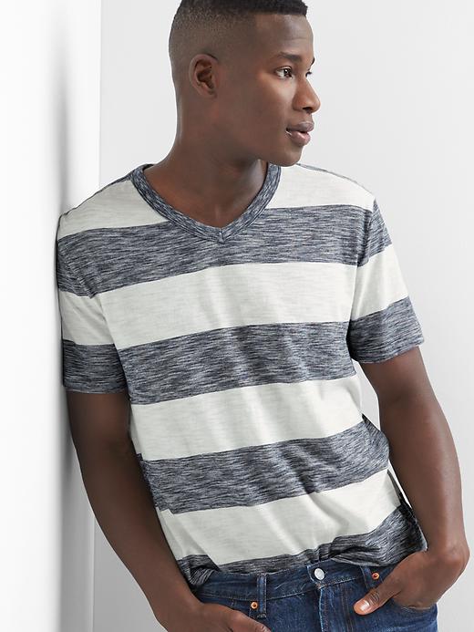 View large product image 1 of 1. Rugby stripe V-neck slub tee