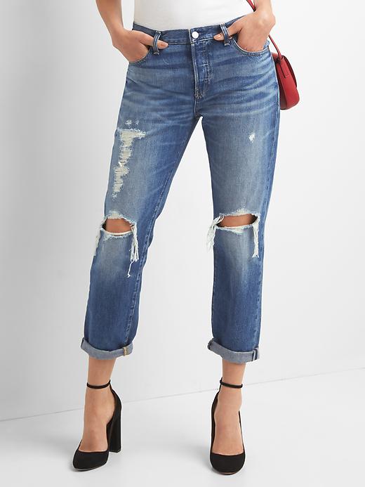 Image number 1 showing, Mid Rise Relaxed Boyfriend Jeans with Destruction