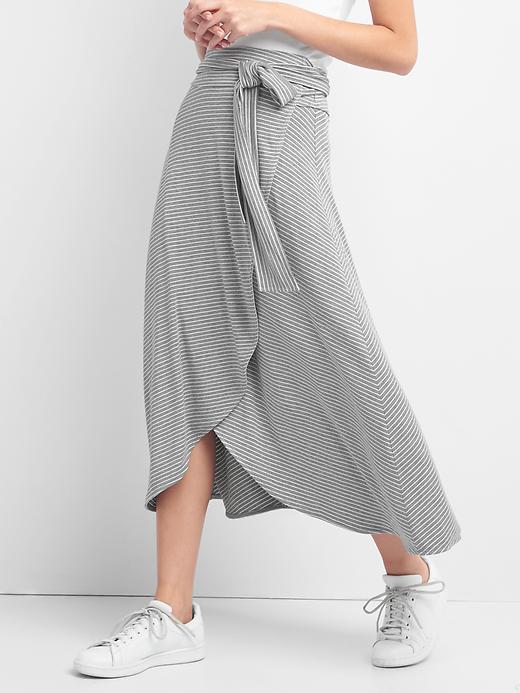 View large product image 1 of 1. Stripe wrap midi skirt