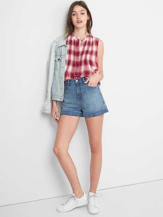 View large product image 1 of 1. Pintuck plaid sleeveless shirt