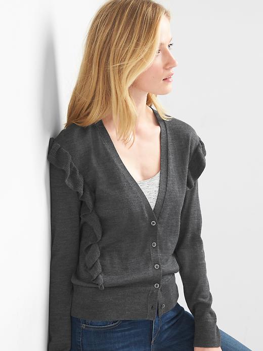 View large product image 1 of 1. Cascade-ruffle button cardigan