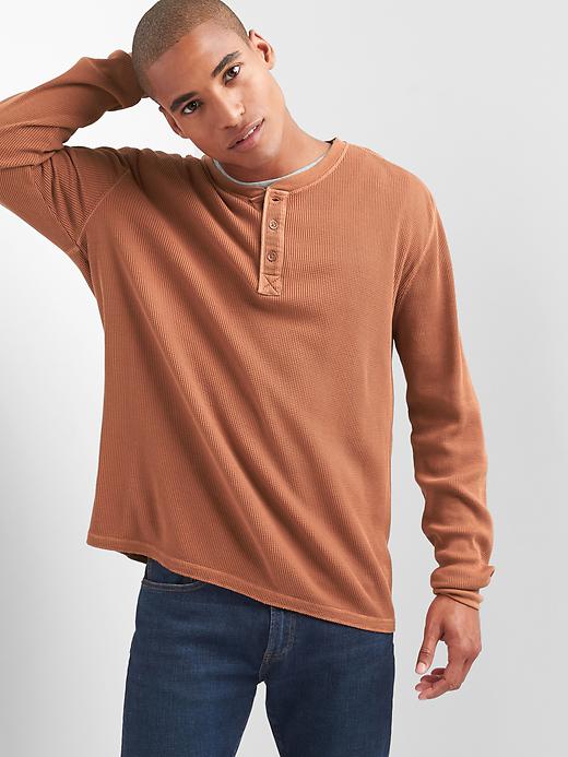 View large product image 1 of 1. Garment-dye waffle knit henley