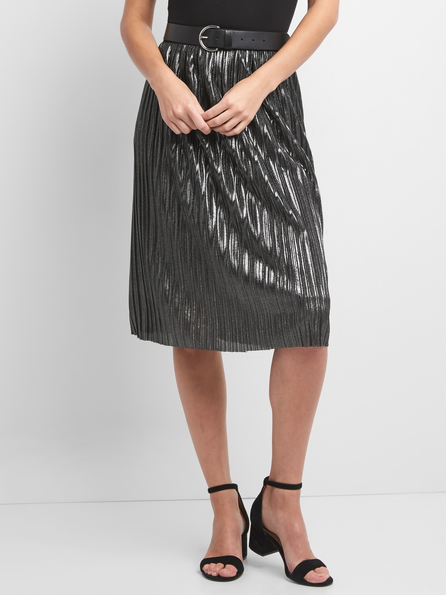 1.state metallic outlet pleated midi skirt