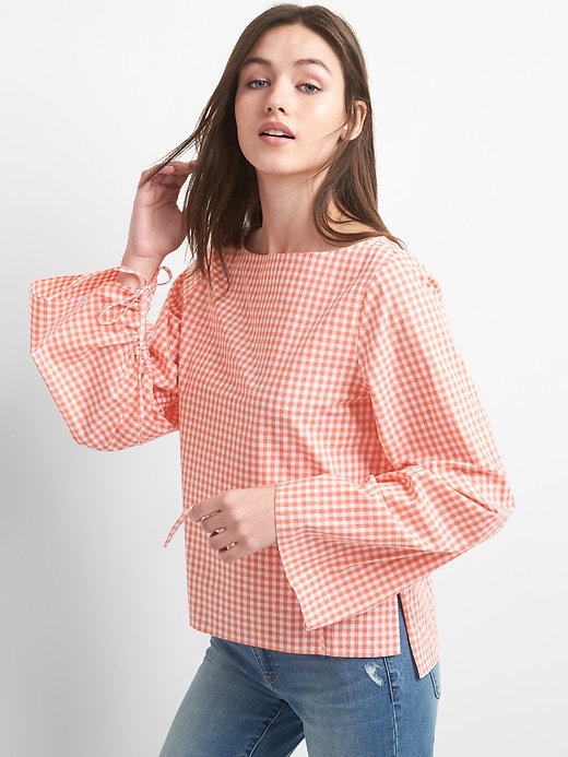 View large product image 1 of 1. Ruched Sleeve Boatneck Gingham Top in Poplin