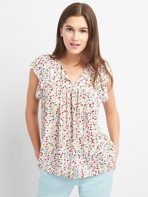 View large product image 1 of 1. Floral Short Sleeve Tie-Neck Blouse