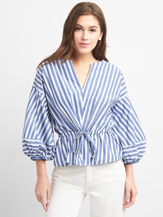View large product image 1 of 1. Stripe Balloon Sleeve Top with Cinched Waist
