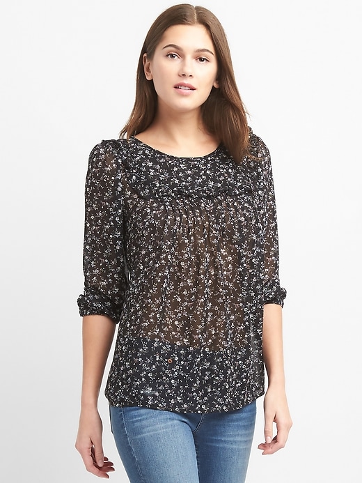 Image number 1 showing, Three-Quarter Sleeve Pintuck Blouse in Print Chiffon