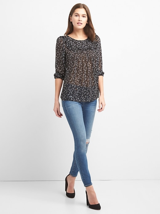 Image number 3 showing, Three-Quarter Sleeve Pintuck Blouse in Print Chiffon