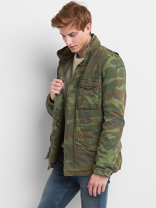 Camo Print Military Jacket with Hidden Hood