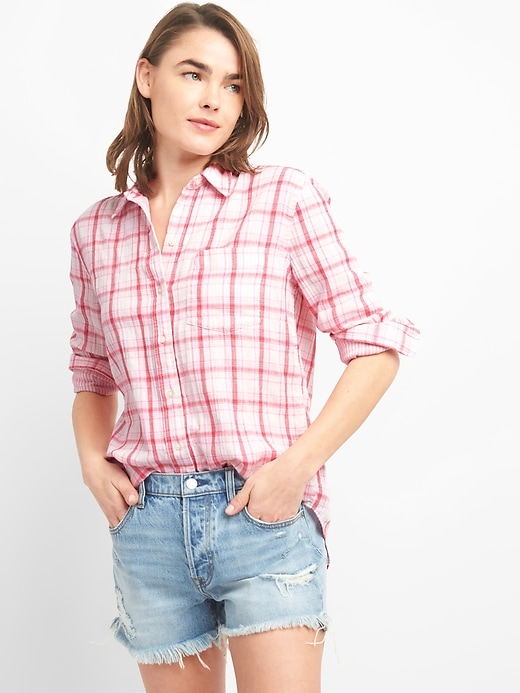 View large product image 1 of 1. Plaid Double-Weave Boyfriend Shirt