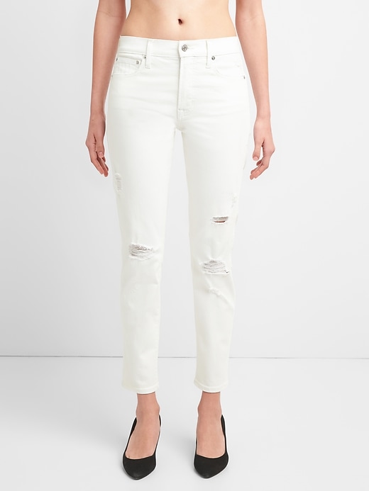 Image number 7 showing, High Rise Slim Straight Jeans with Distressed Detail