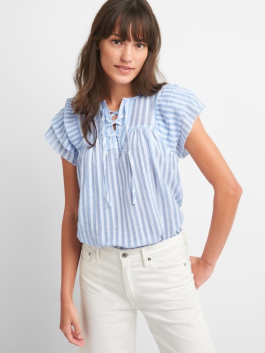 View large product image 1 of 1. Ruffle Short Sleeve Stripe  Smock Top