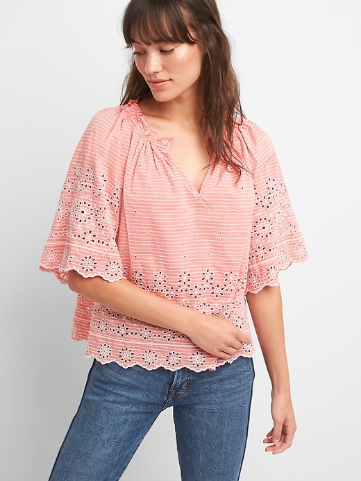 View large product image 1 of 1. Shirred Split-Neck Embroidered Blouse