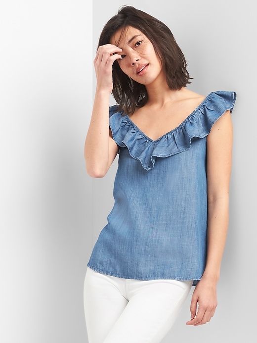 Image number 1 showing, Sleeveless Ruffle V-Neck Top in TENCEL&#153