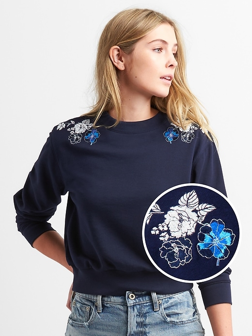 Image number 1 showing, Floral Embroidery Pullover Crewneck Sweatshirt