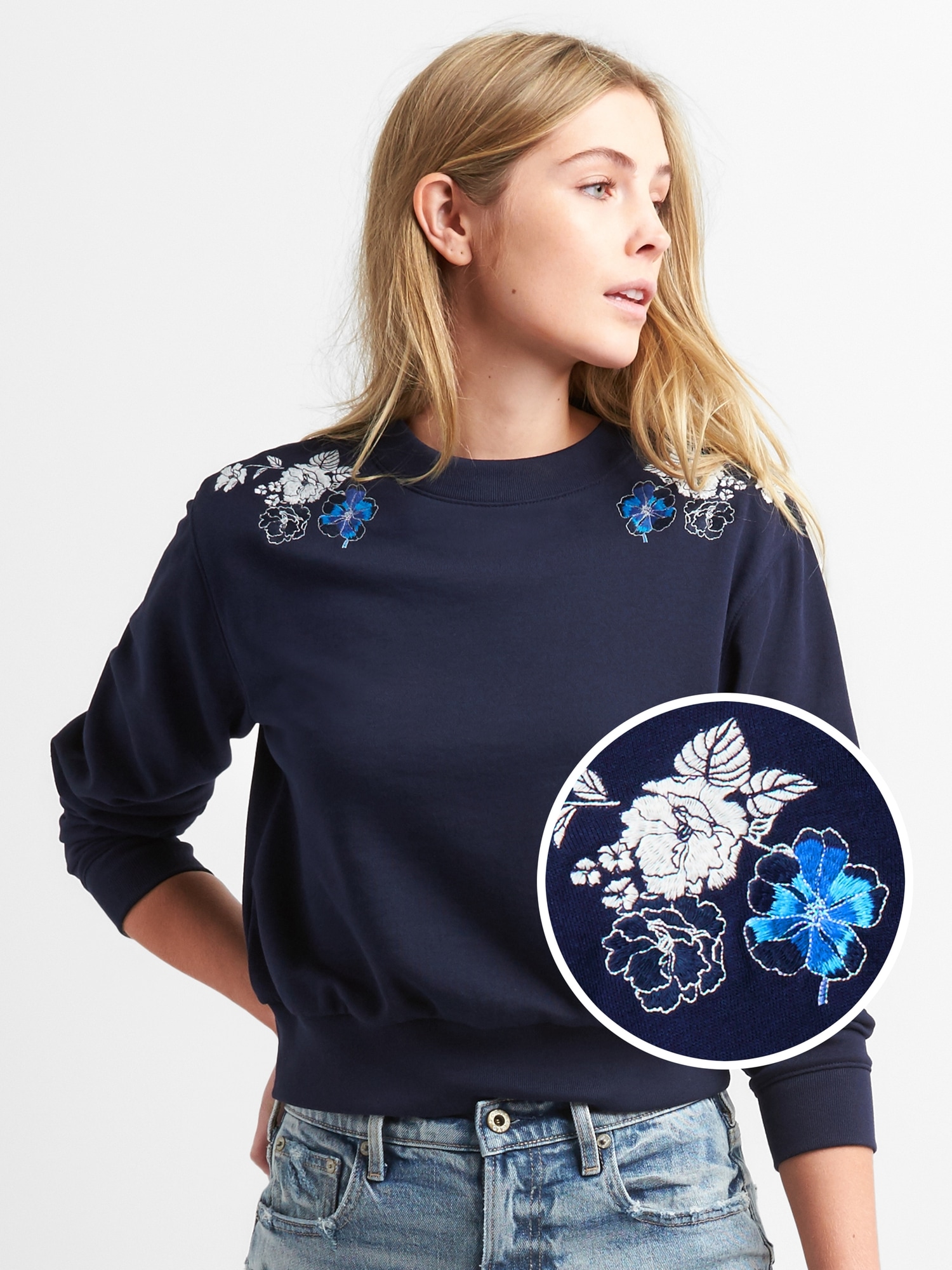 Floral Embroidery Detail Crew Neck Sweater