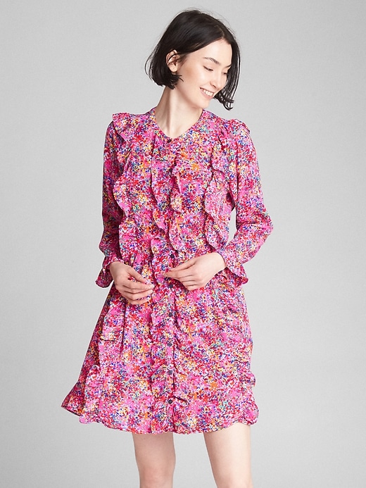 Image number 1 showing, Ruffle Long Sleeve Floral Shirtdress