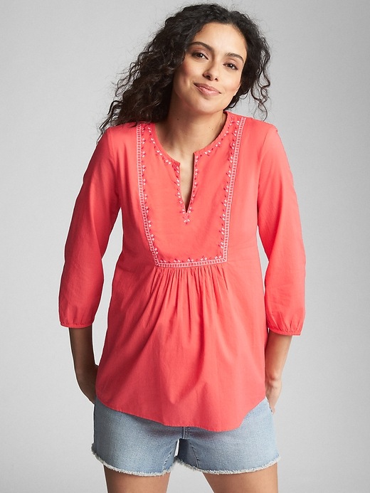 View large product image 1 of 1. Maternity Three-Quarter Sleeve Embroidered Top