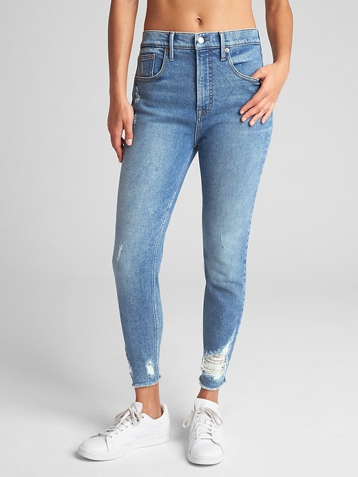 Image number 5 showing, High Rise True Skinny Crop Jeans with Distressed Detail