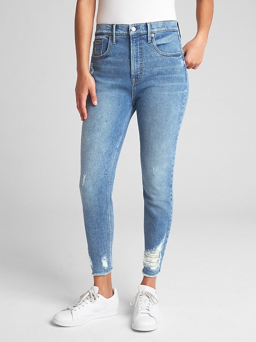 Image number 1 showing, High Rise True Skinny Crop Jeans with Distressed Detail