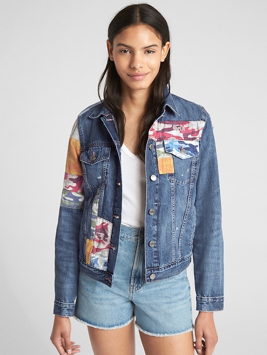 Image number 1 showing, Icon Denim Jacket with Mix-Camo Print Patchwork