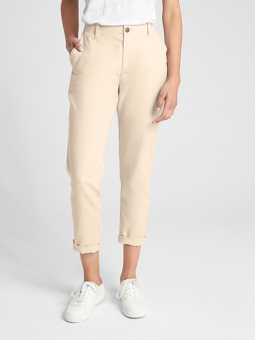 View large product image 1 of 1. Girlfriend Embroidered Stripe Chinos in Linen-Cotton