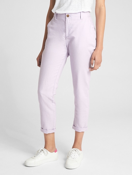 View large product image 1 of 1. Girlfriend Embroidered Stripe Chinos in Linen-Cotton