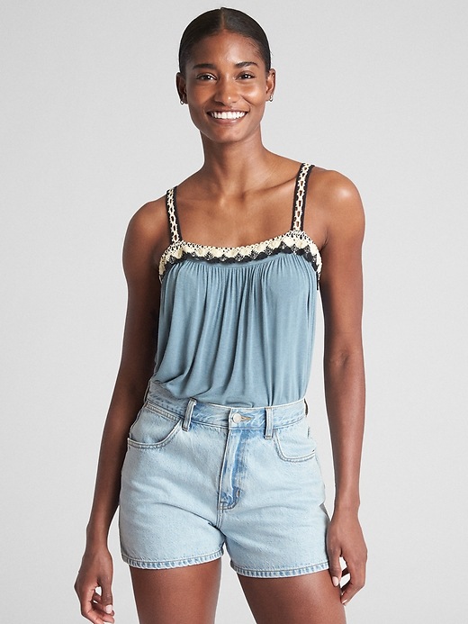 Image number 1 showing, Shirred Crochet-Detail Tank Top