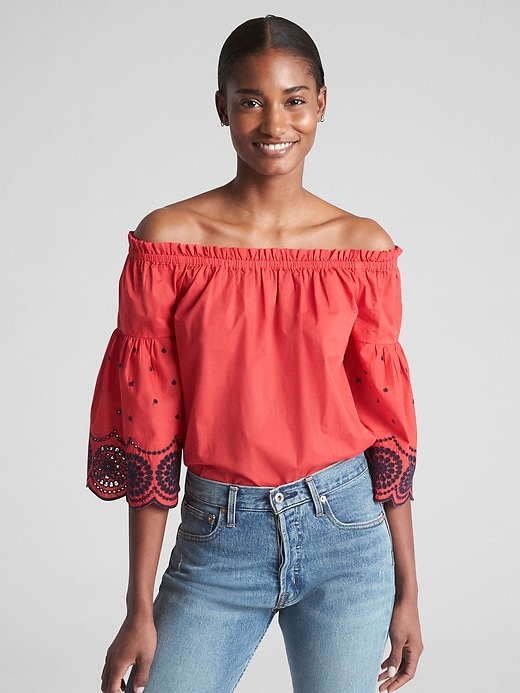 View large product image 1 of 1. Off-Shoulder Eyelet Bell-Sleeve Top