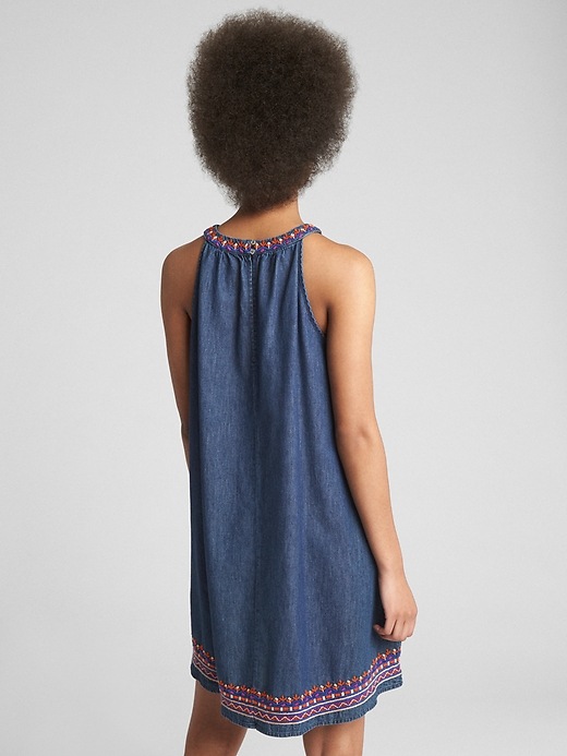 Image number 2 showing, Sleeveless Embroidered Denim Swing Dress